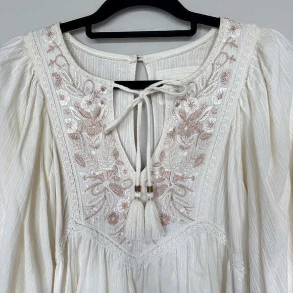 Anthropologie Cream and Brown Embroidered Bohemian balloon sleeve dress XS - Picture 6 of 17